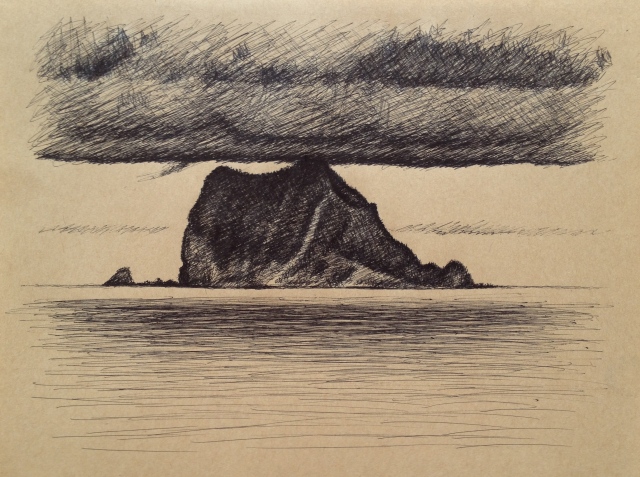 Keelung Island, Green Bay, Ink on Brown Paper, 26 x 19.5, 8:5:18 by David Lloyd
